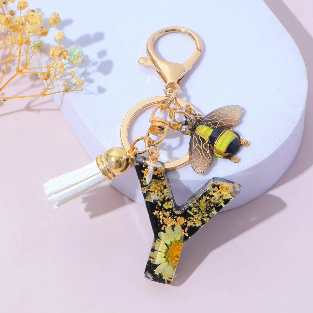 Bee Flower Initial Letter Keychain