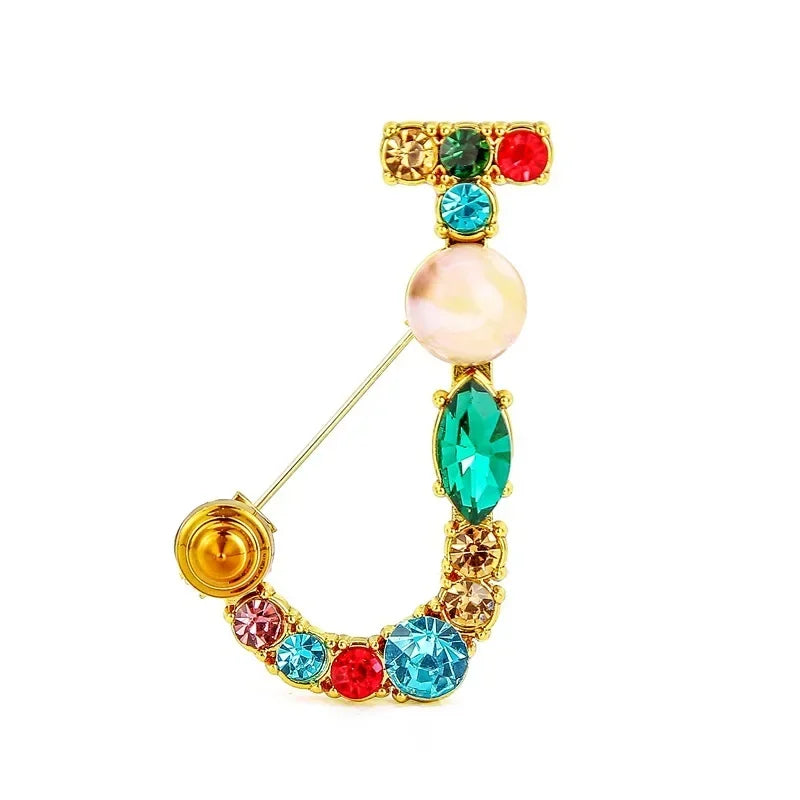 Colorful Rhinestone Initial Brooch