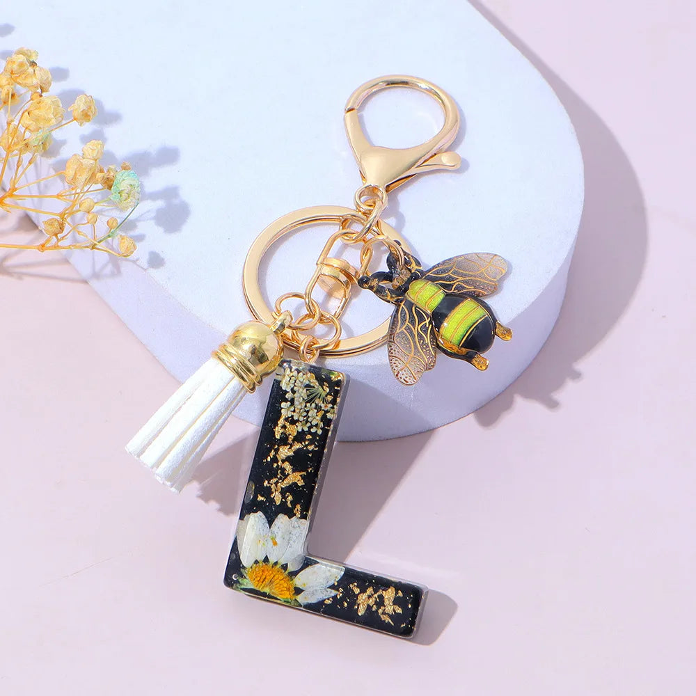 Bee Flower Initial Letter Keychain