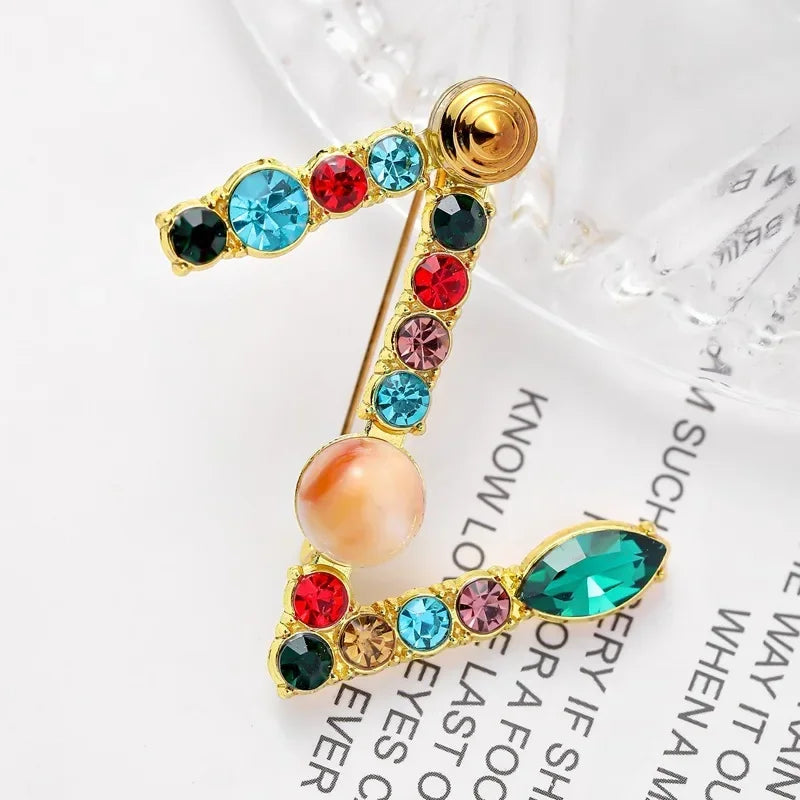 Colorful Rhinestone Initial Brooch