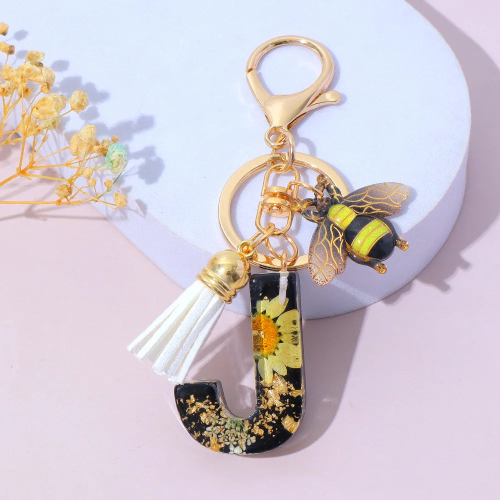 Bee Flower Initial Letter Keychain