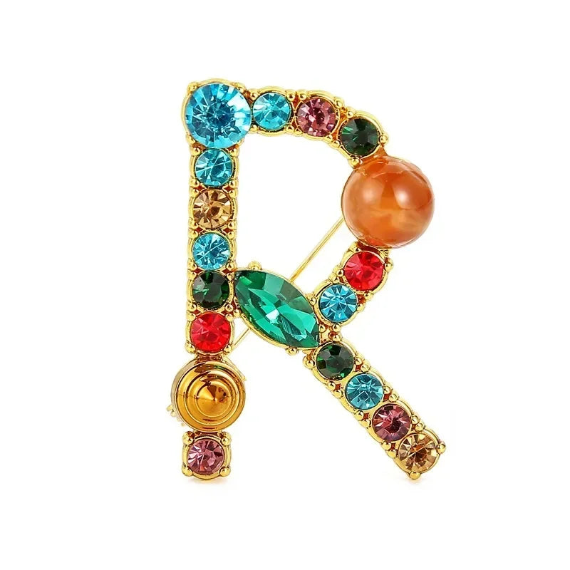 Colorful Rhinestone Initial Brooch