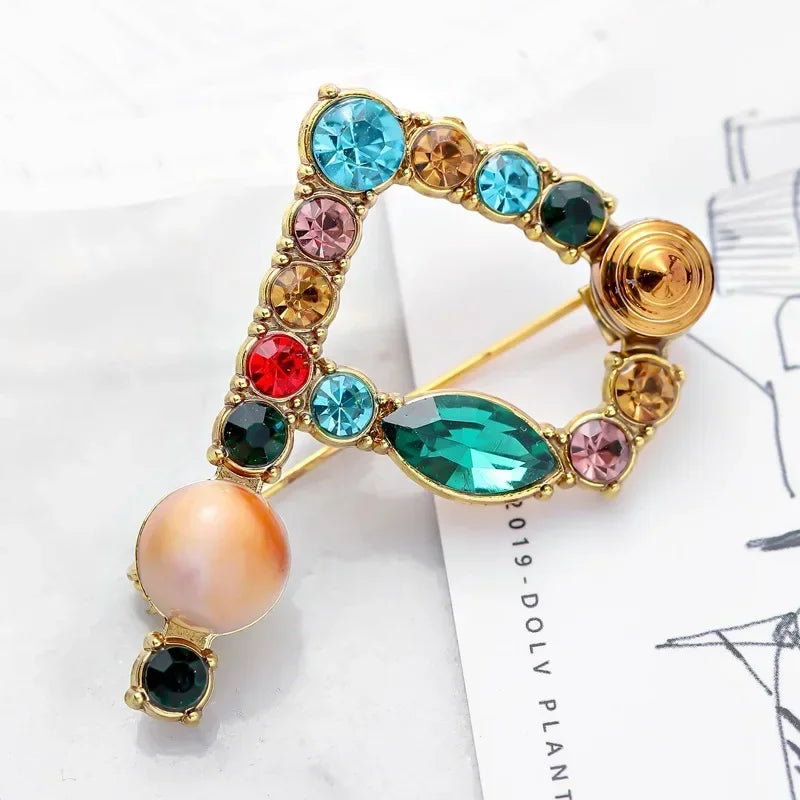 Colorful Rhinestone Initial Brooch