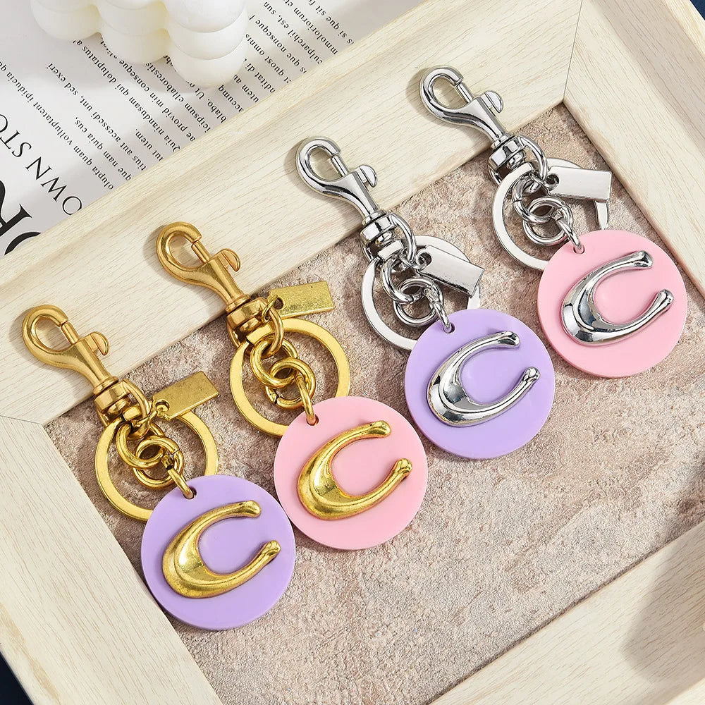 Letter C Circular Keychain — Pink & Purple Macaron