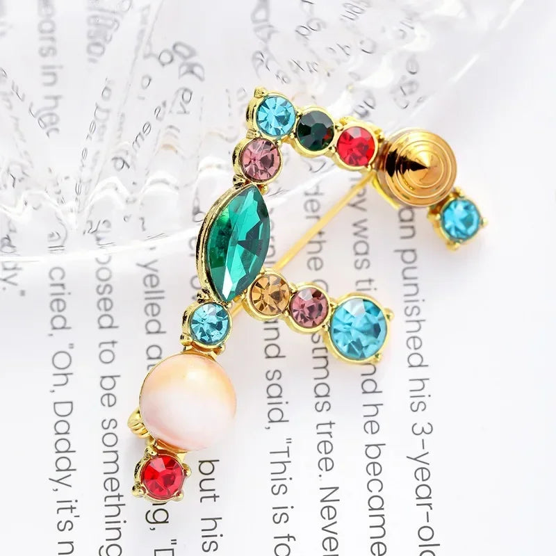 Colorful Rhinestone Initial Brooch
