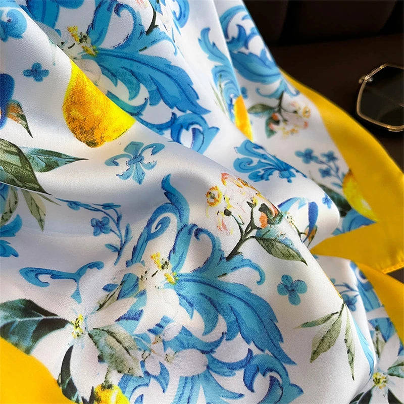 Lemon Yellow Floral Square Silk-Feel Scarf |