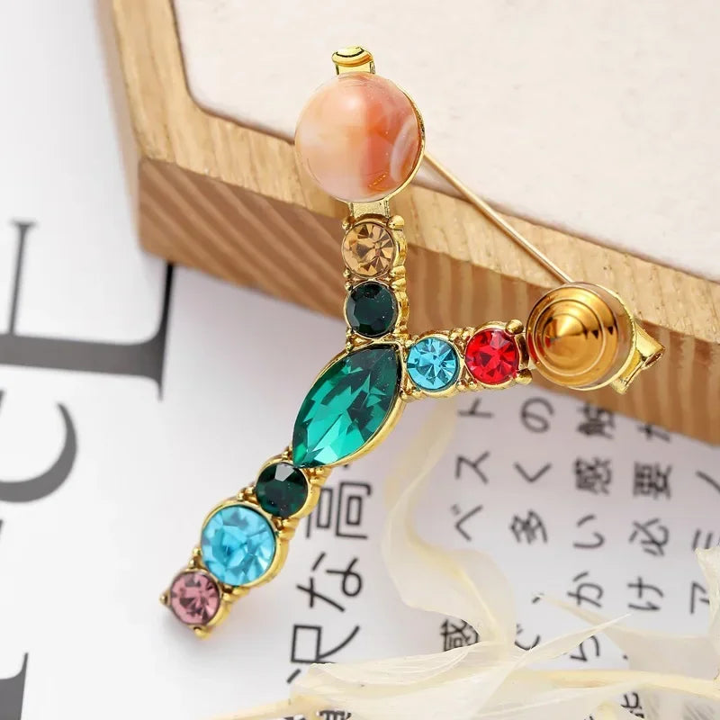 Colorful Rhinestone Initial Brooch