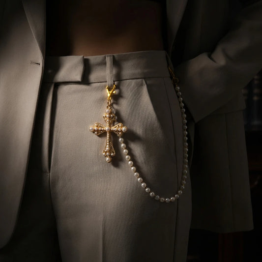 Gothic Pearl & Cross Waist Chain