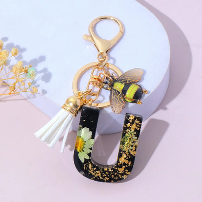 Bee Flower Initial Letter Keychain