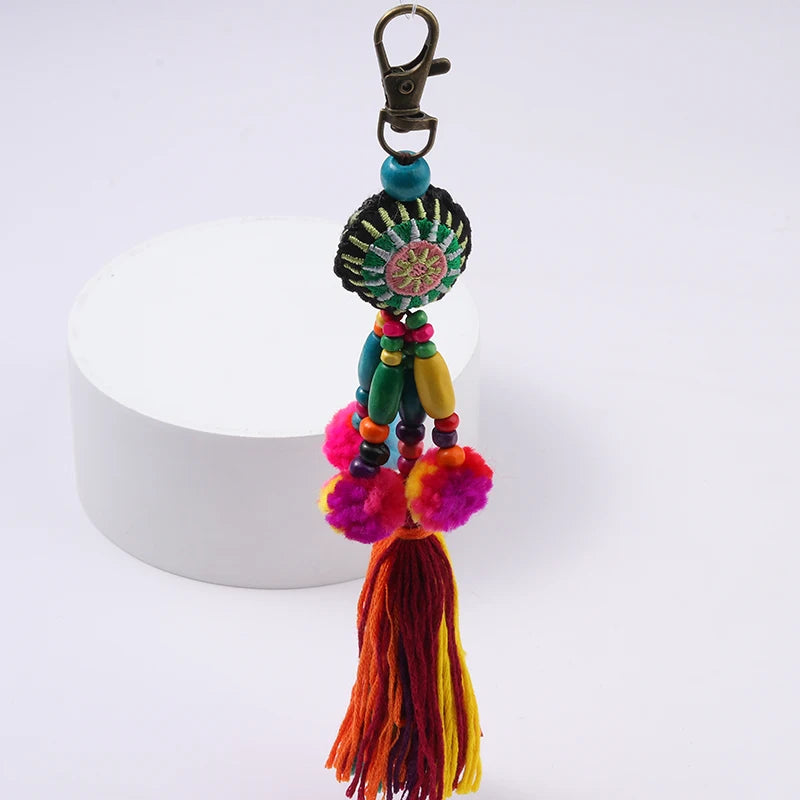 Boho Flower Pom Pom Keychain