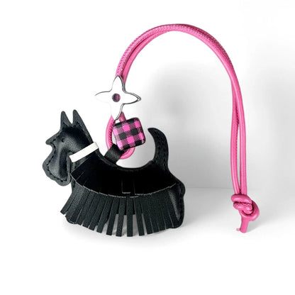 Schnauzer Bag Charm — PU Leather Tassel & Plaid Bead Keychain