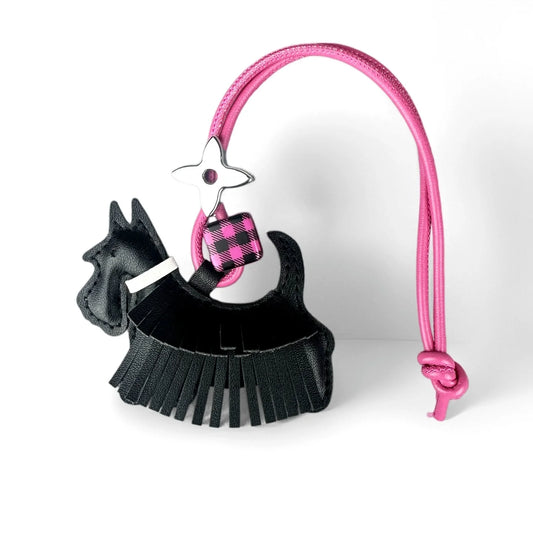 Schnauzer Bag Charm — PU Leather Tassel & Plaid Bead Keychain