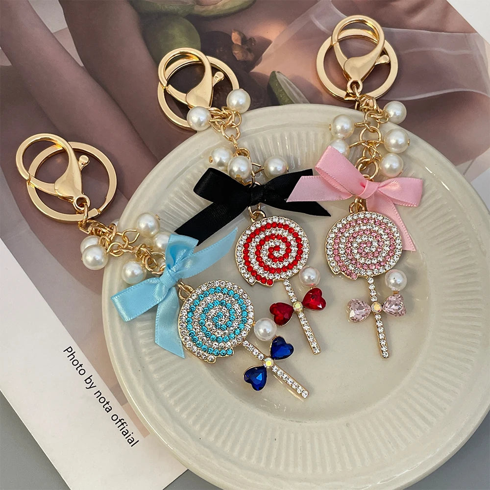Sparkling Crystal Lollipop Bow Keychain – Pink, Red & Blue