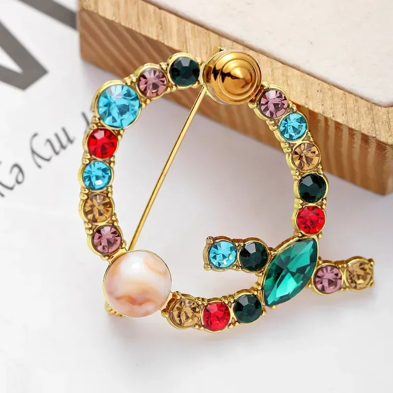 Colorful Rhinestone Initial Brooch