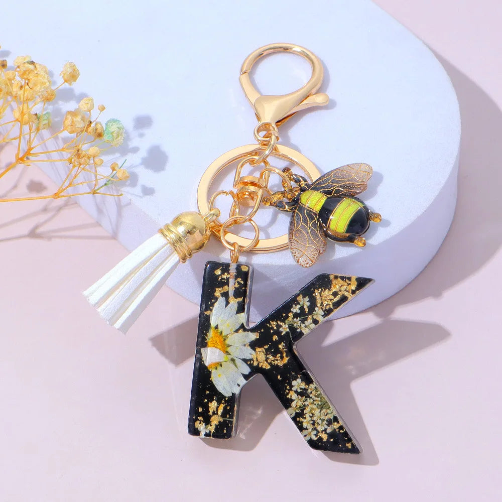 Bee Flower Initial Letter Keychain