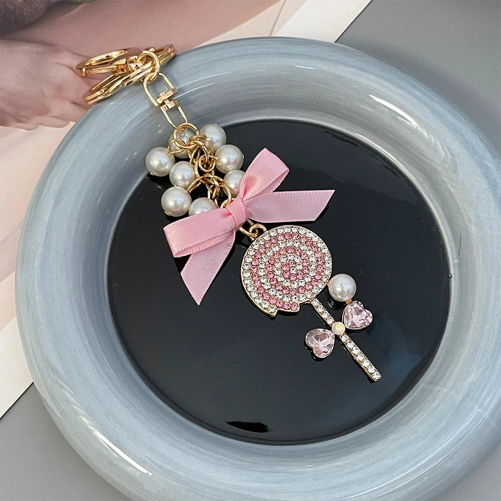 Sparkling Crystal Lollipop Bow Keychain – Pink, Red & Blue