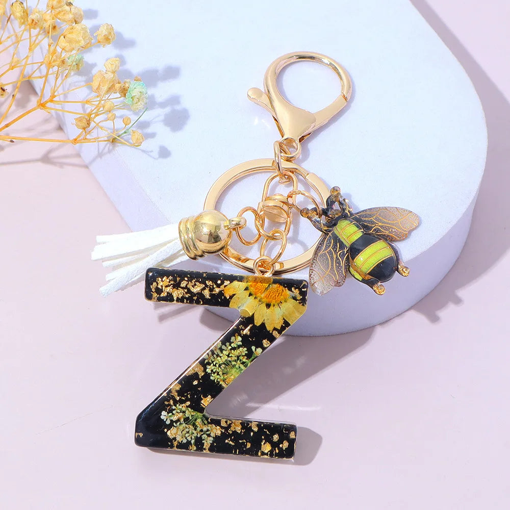 Bee Flower Initial Letter Keychain