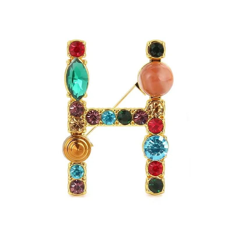 Colorful Rhinestone Initial Brooch