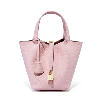 Genuine Leather Bucket Bag — Litchi Pattern Shoulder Tote with Lock