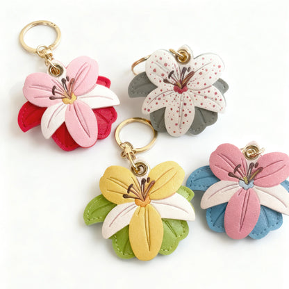 Lily Flower Pendant Leather Keychain