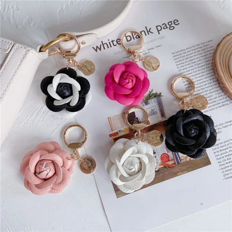 Camellia Flower Leather Keychain