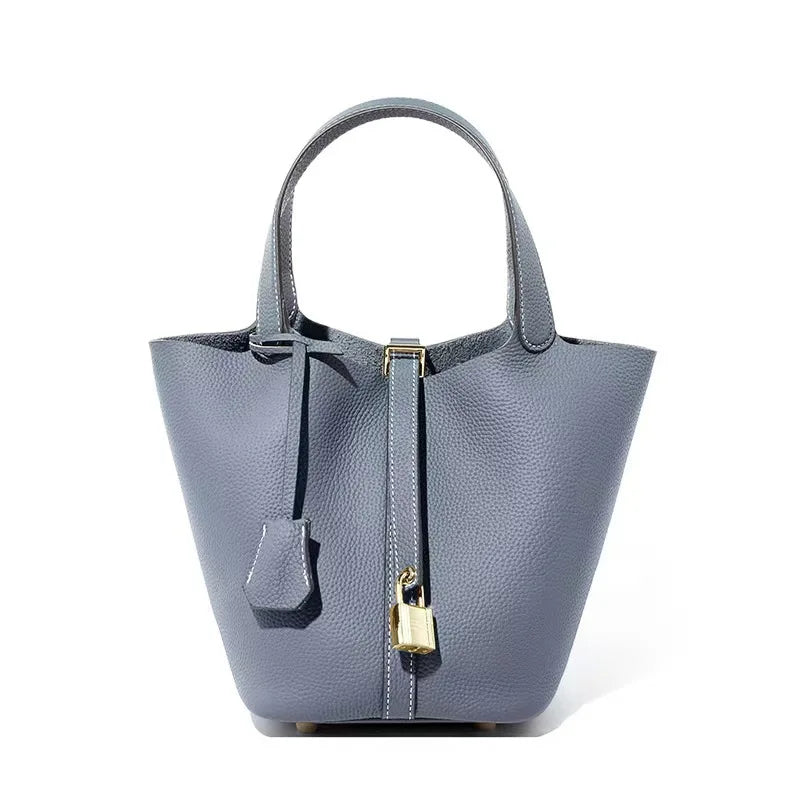 Genuine Leather Bucket Bag — Litchi Pattern Shoulder Tote with Lock