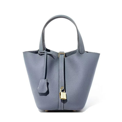 Genuine Leather Bucket Bag — Litchi Pattern Shoulder Tote with Lock