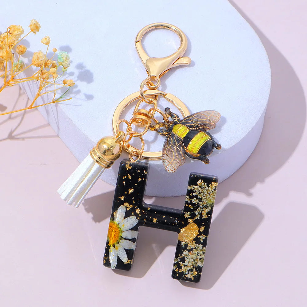 Bee Flower Initial Letter Keychain