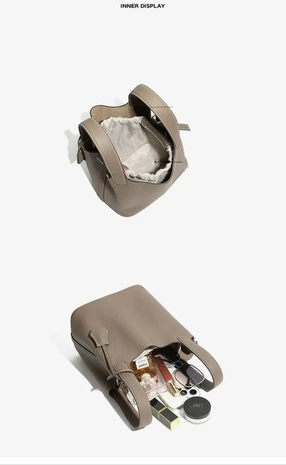 Genuine Leather Bucket Bag — Litchi Pattern Shoulder Tote with Lock