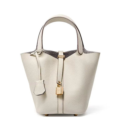 Genuine Leather Bucket Bag — Litchi Pattern Shoulder Tote with Lock