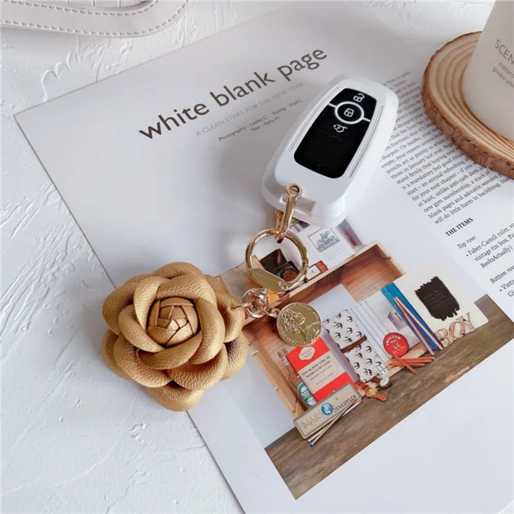 Camellia Flower Leather Keychain