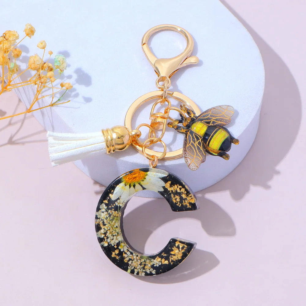 Bee Flower Initial Letter Keychain
