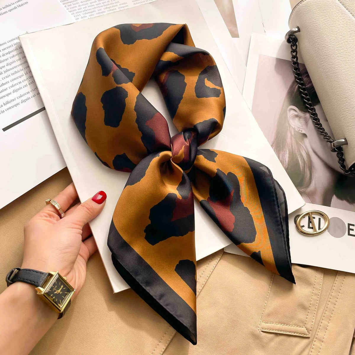 Leopard Print Satin Square Scarf