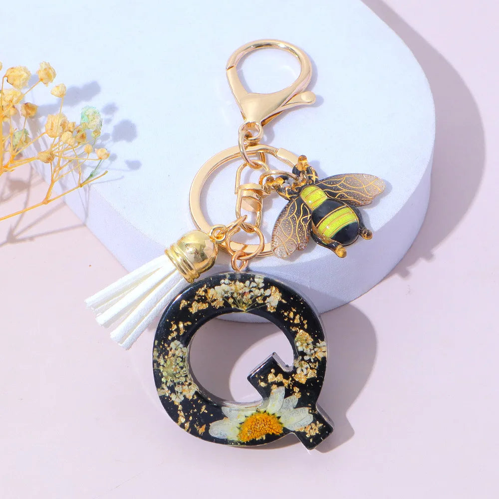 Bee Flower Initial Letter Keychain