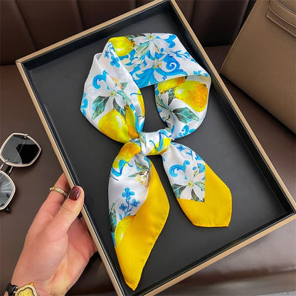 Lemon Yellow Floral Square Silk-Feel Scarf |