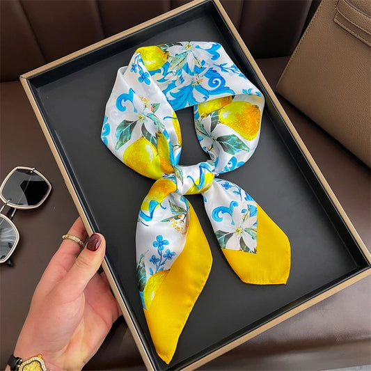 Lemon Yellow Floral Square Silk-Feel Scarf |