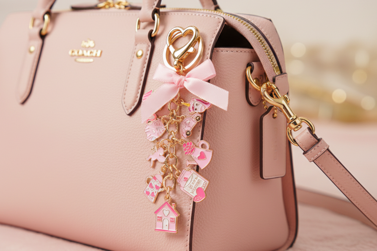 Charm Keychain on Pastel Pink Leather Satchel
