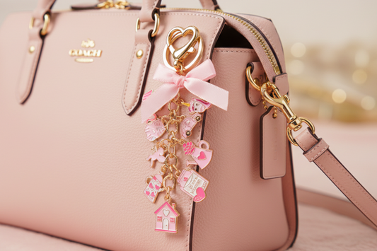 Charm Keychain on Pastel Pink Leather Satchel